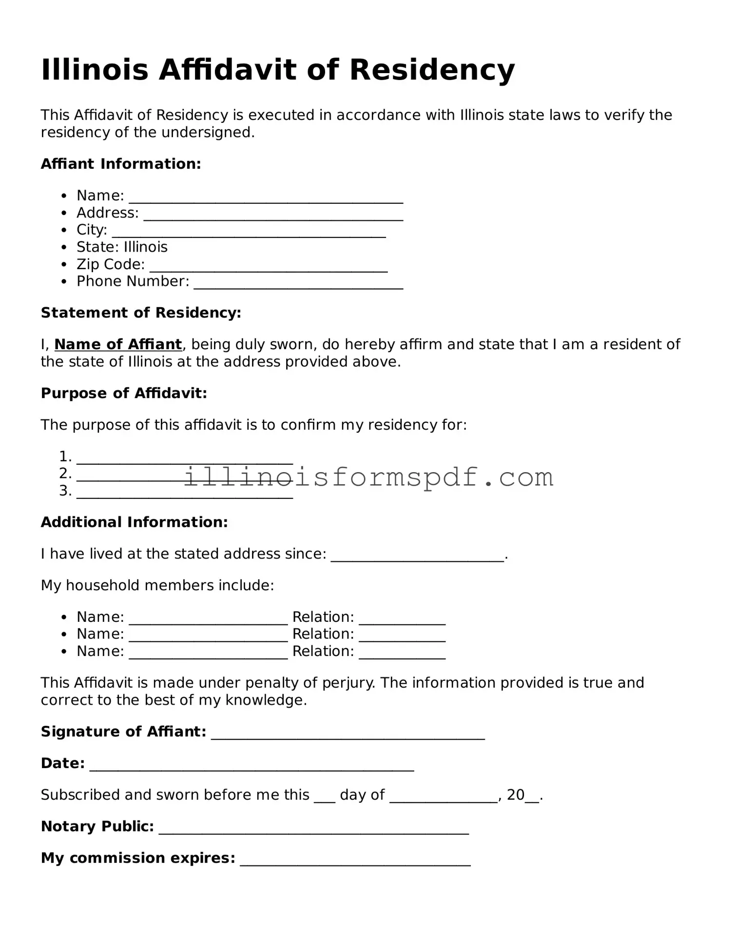Printable Illinois Affidavit of Residency Form