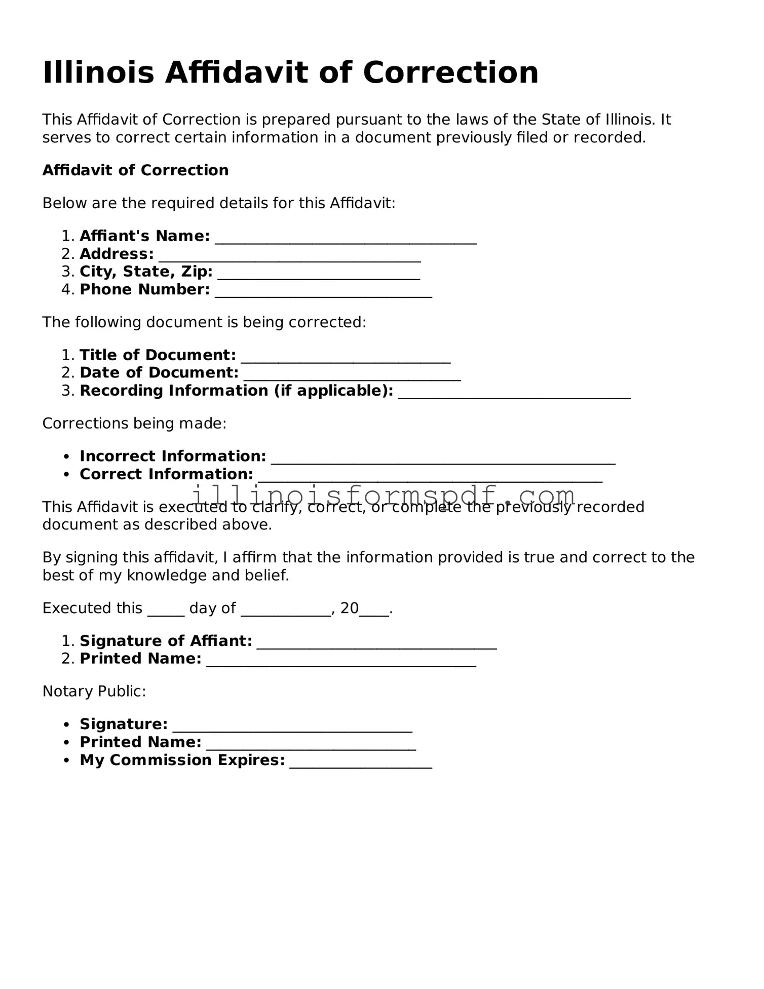 Printable Illinois Affidavit of Correction Form