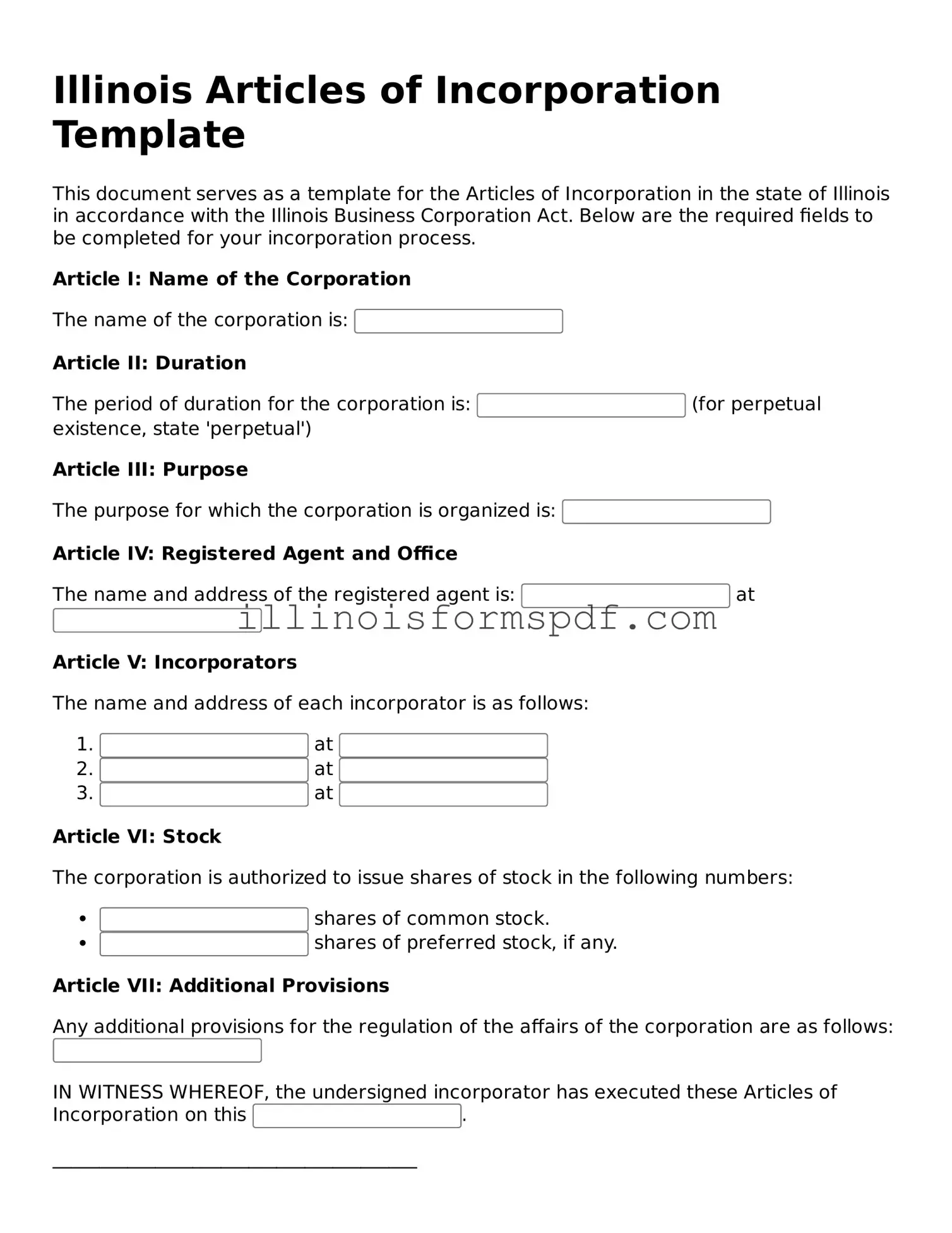 Printable Illinois Articles of Incorporation Form