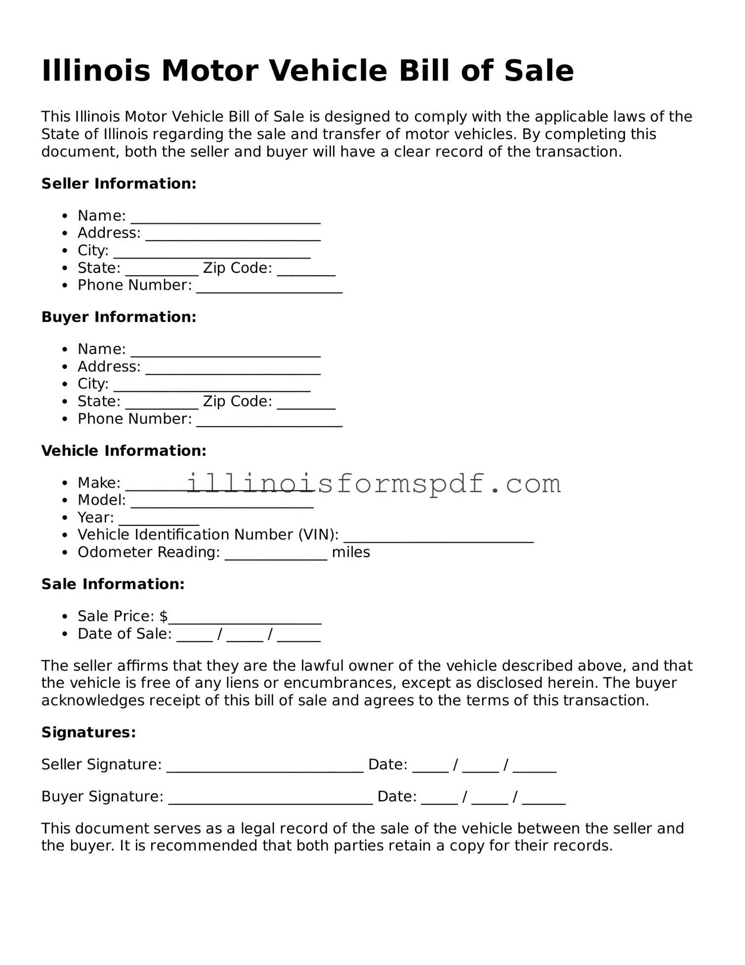 Printable Illinois Motor Vehicle Bill of Sale Form