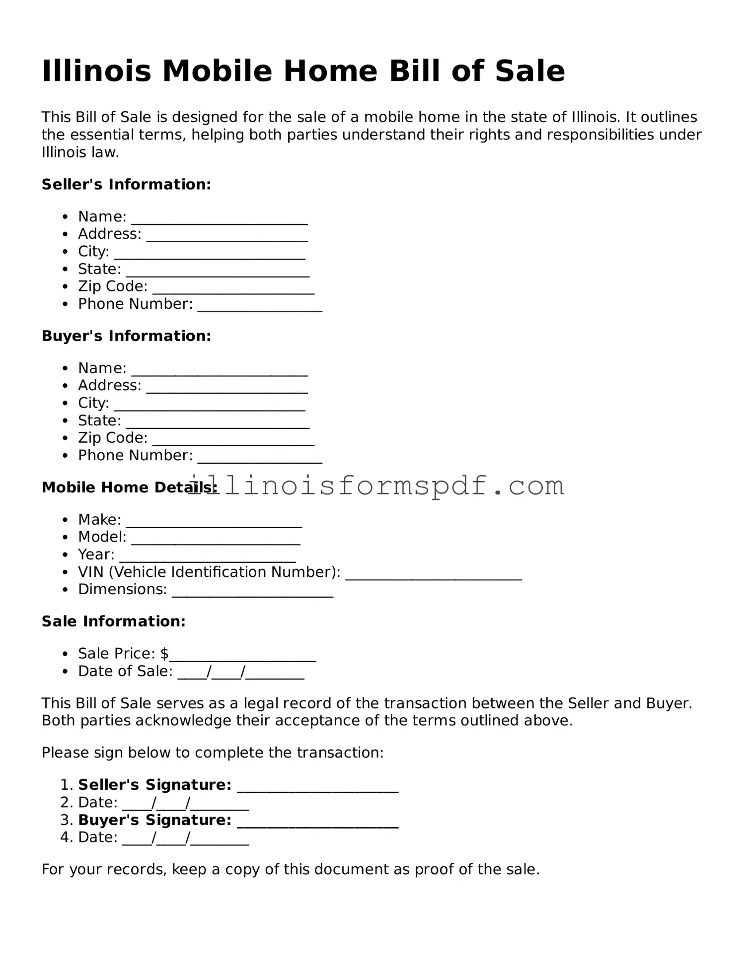 Printable Illinois Mobile Home Bill of Sale Form