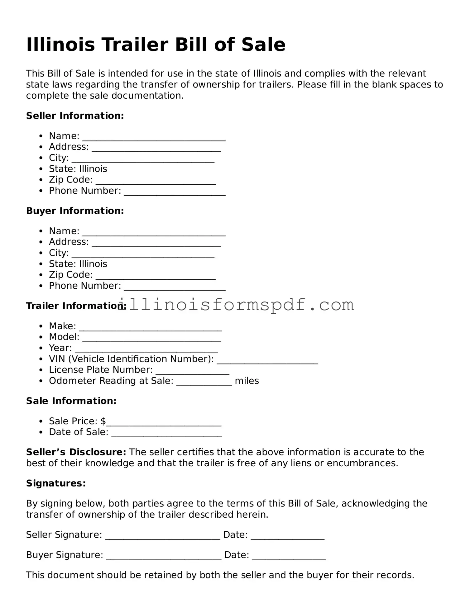 Printable Illinois Trailer Bill of Sale Form