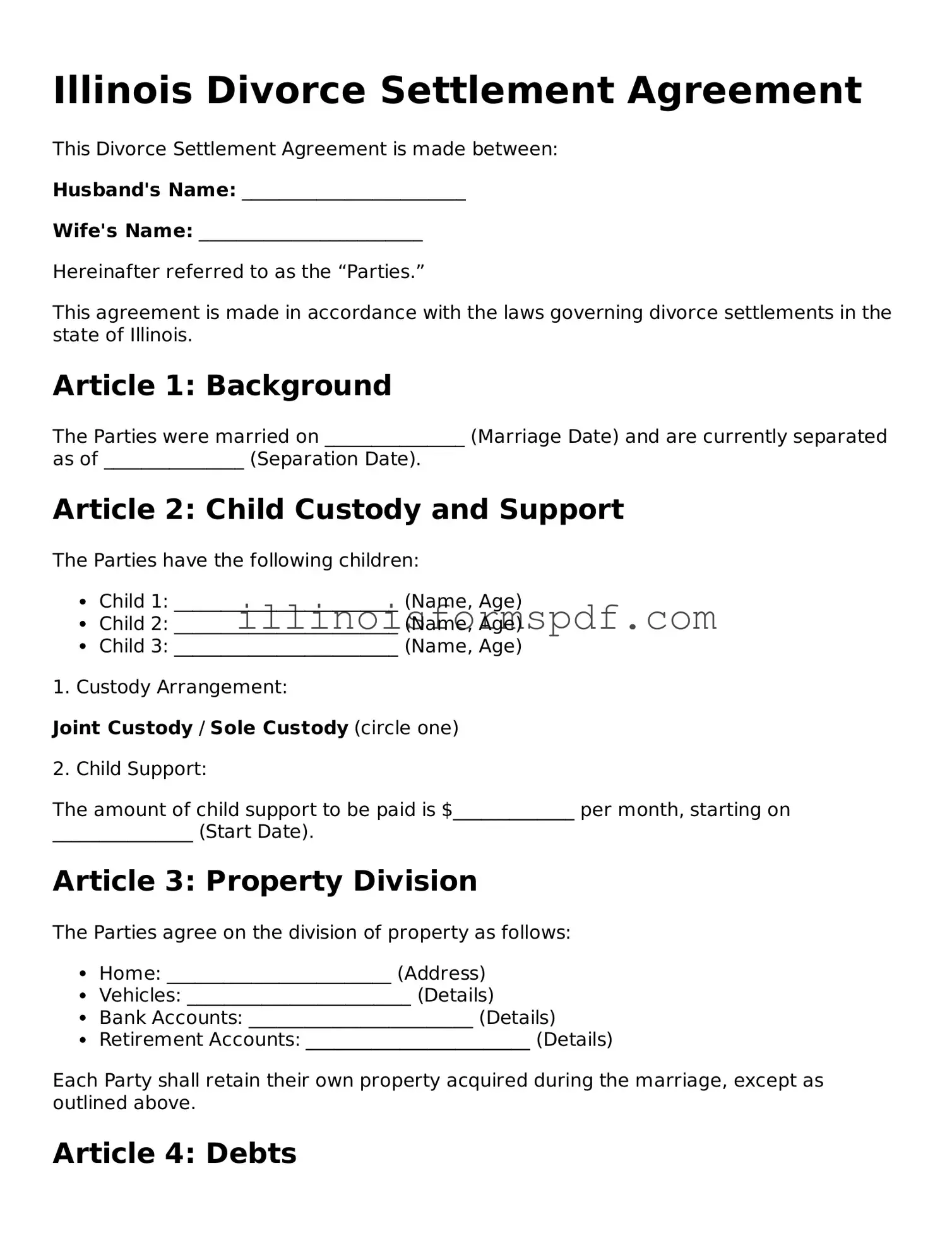 Printable Illinois Divorce Settlement Agreement Form
