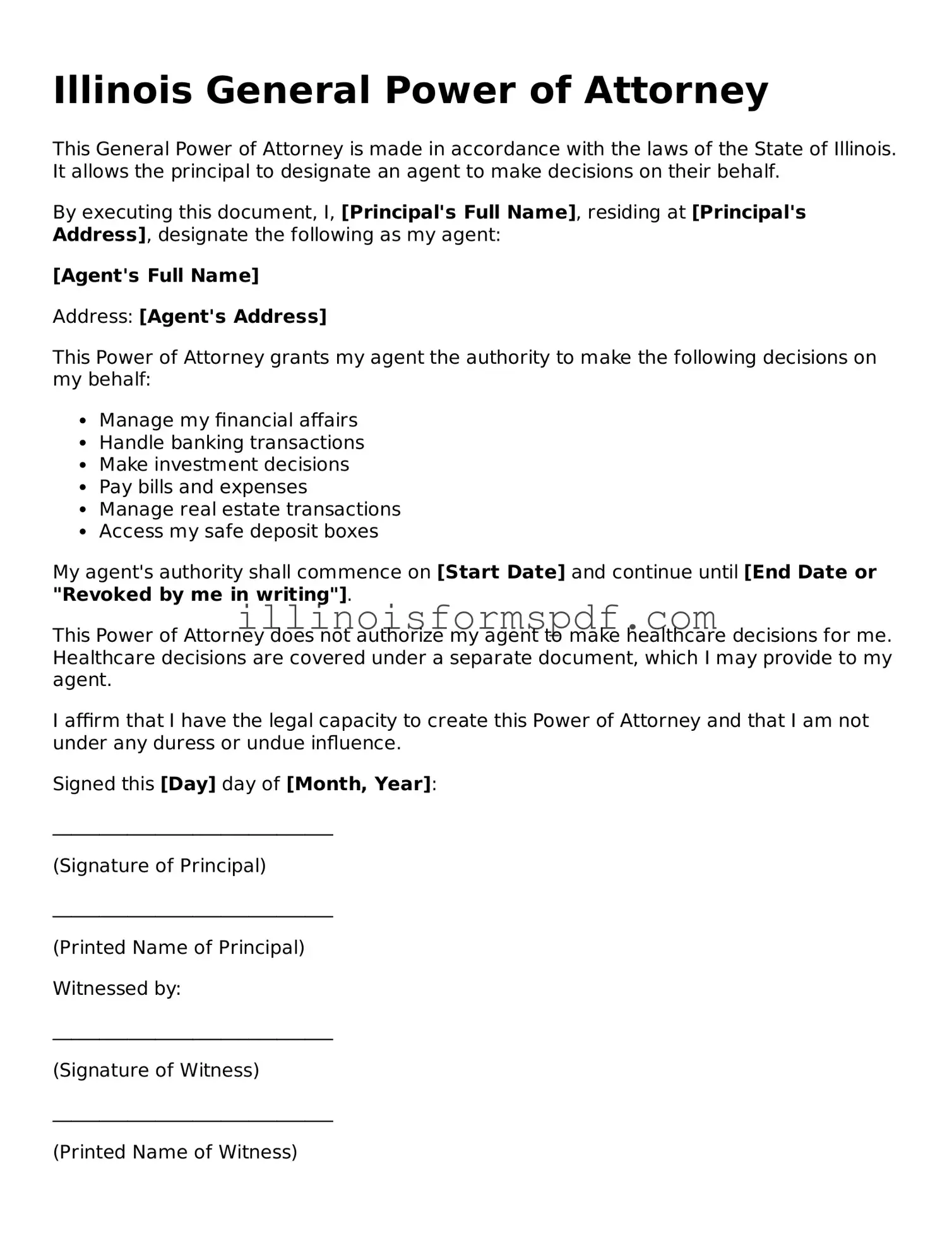 Printable Illinois General Power of Attorney Form