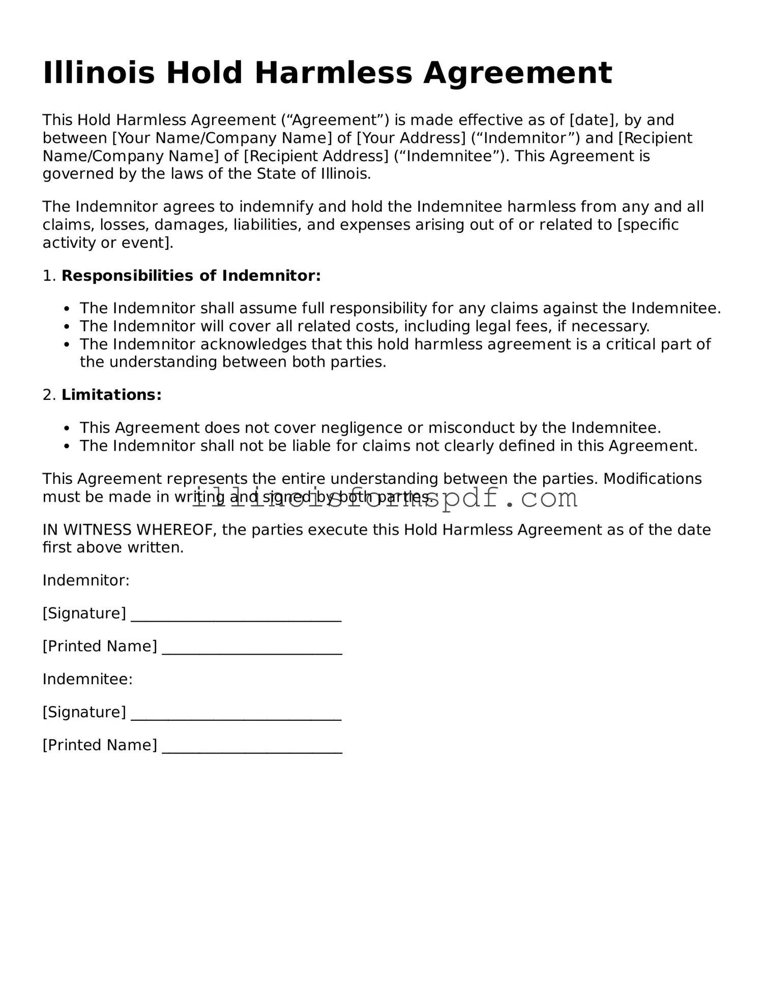 Printable Illinois Hold Harmless Agreement Form