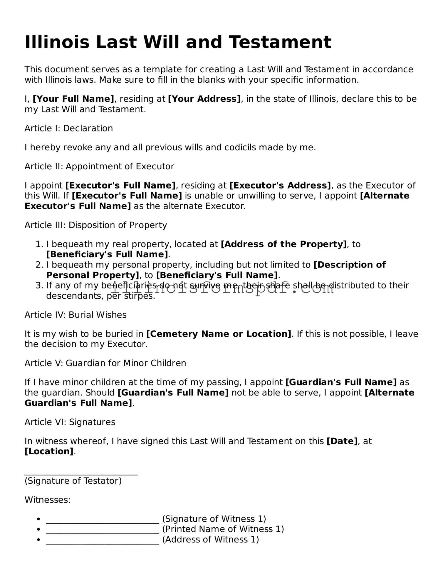 Printable Illinois Last Will and Testament Form