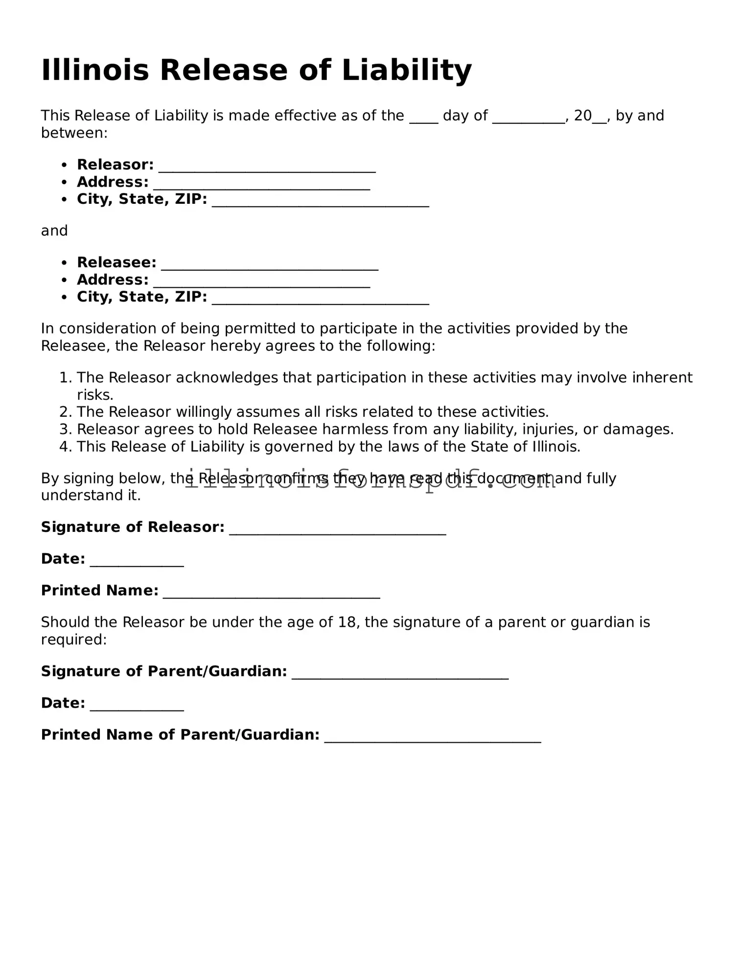 Printable Illinois Release of Liability Form