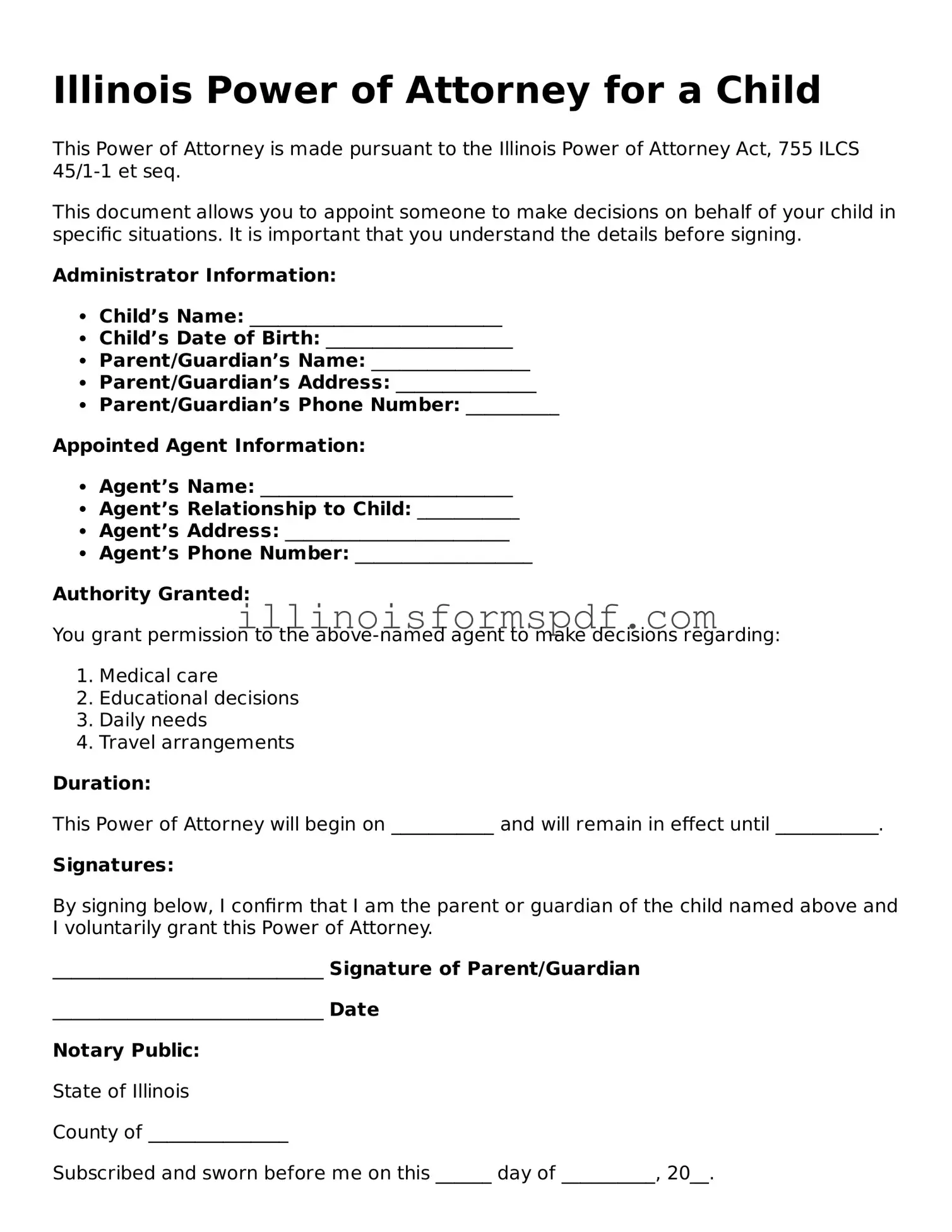 Printable Illinois Power of Attorney for a Child Form
