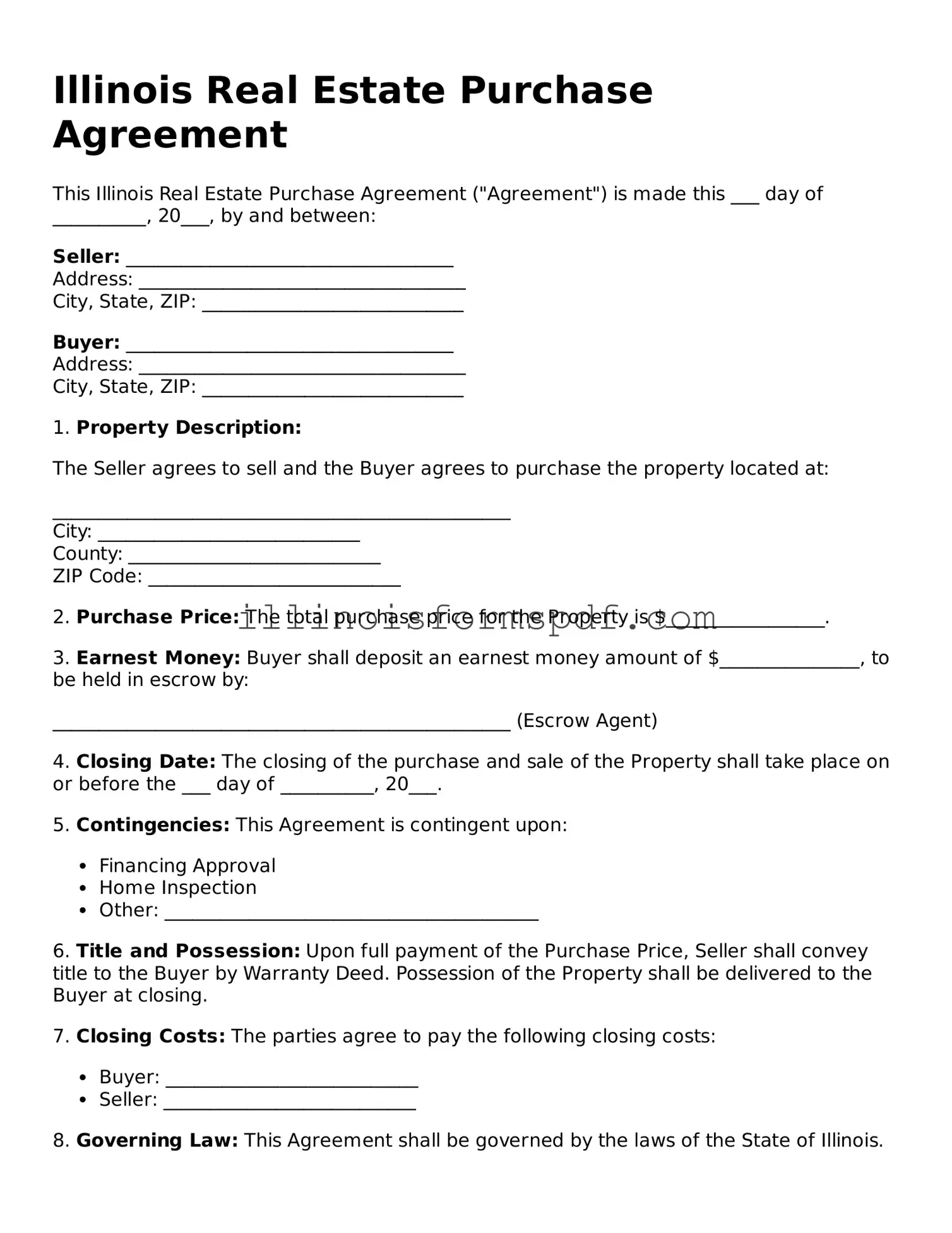 Printable Illinois Real Estate Purchase Agreement Form