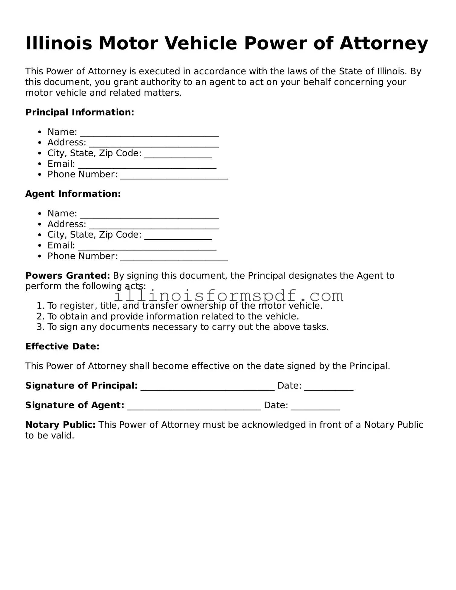 Printable Illinois Motor Vehicle Power of Attorney Form