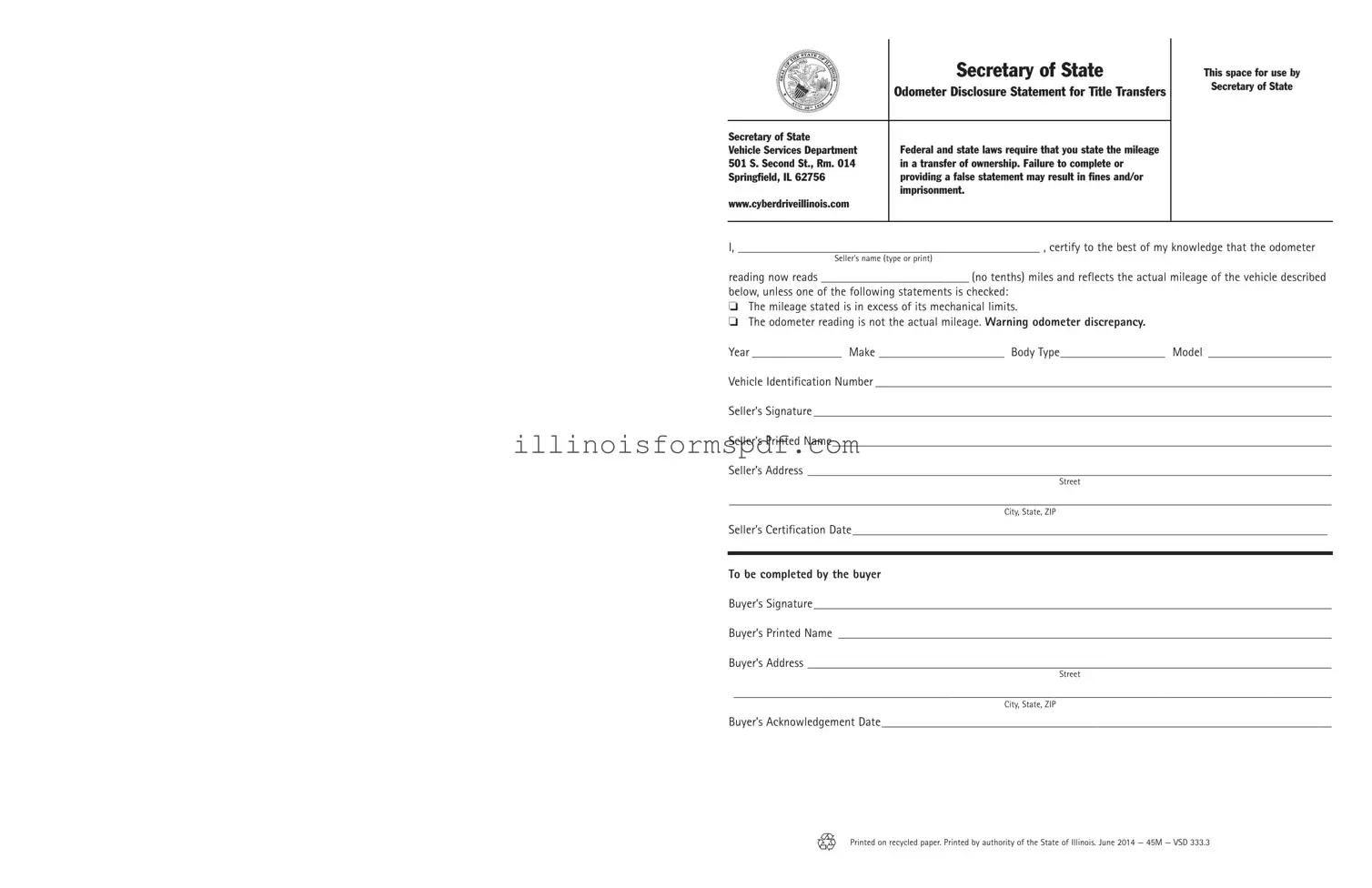Get Odometer Statement For Illinois Form